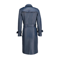 Womens Double Breasted Blue Leather Trench Coat