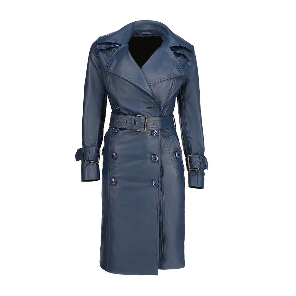 Women's Double Breasted Blue Leather Trench Coat