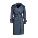 Womens Double Breasted Blue Leather Trench Coat