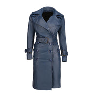 Womens Double Breasted Blue Leather Trench Coat