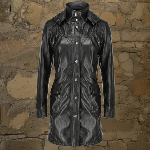 Women's Real Black Leather Trench Coat with Removable Hood