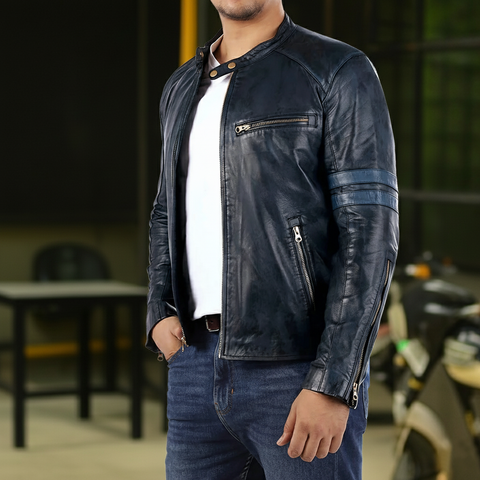Men's Vintage Blue & Black Cafe Racer Leather Jacket