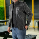 Men’s Waxed Leather Biker Jacket – Vintage Style with Shoulder Epaulettes