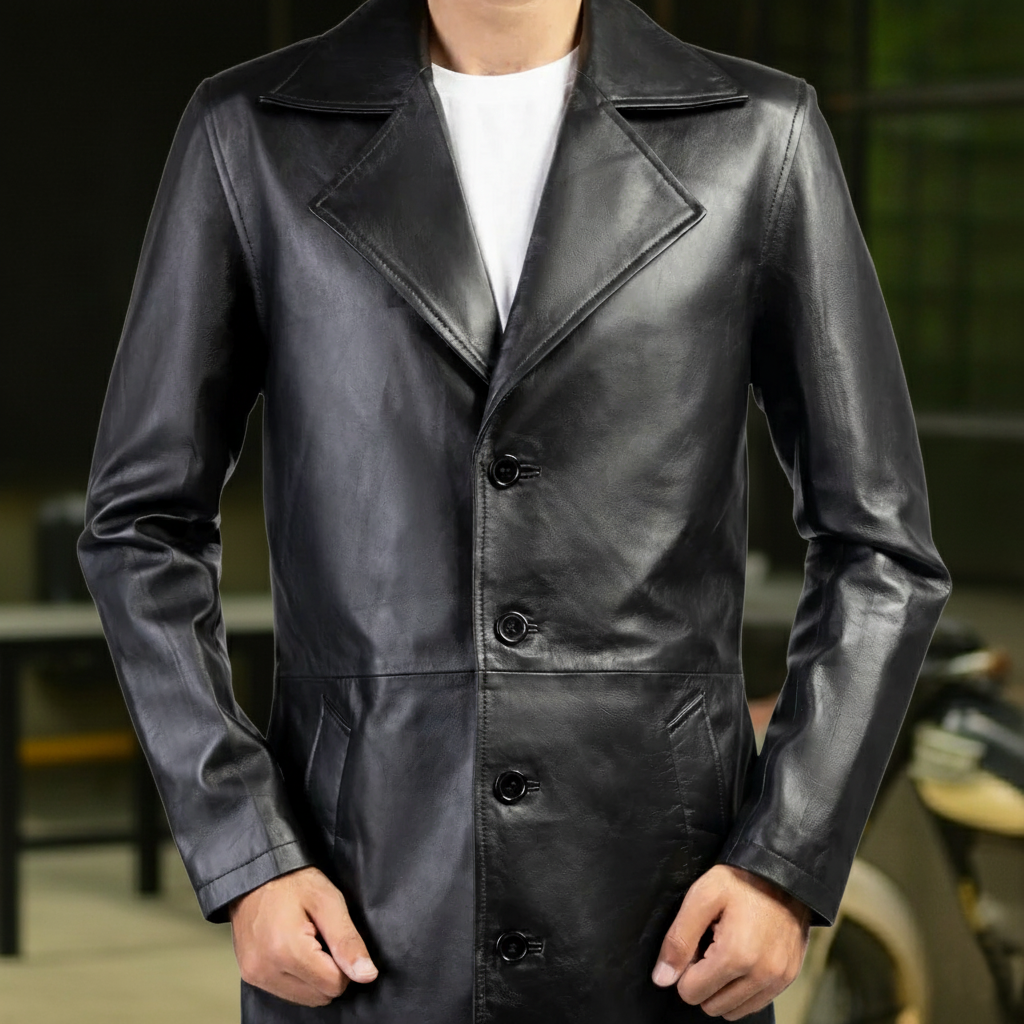Jild Men's Classic Real Leather Trench Coat