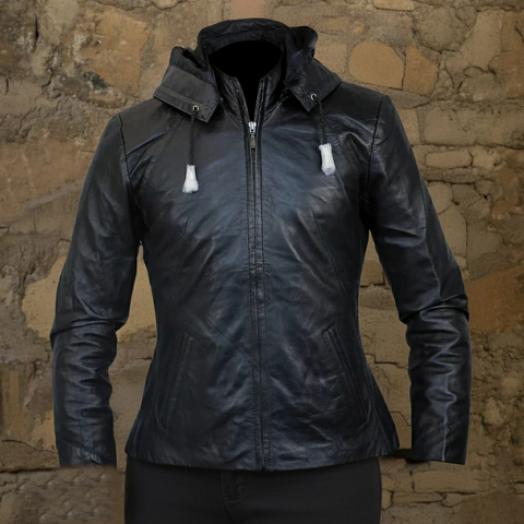 Women's Classy Fit Black Hooded Leather Jacket