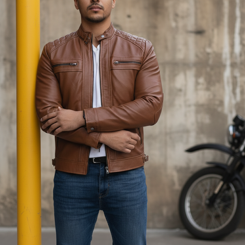 Men's Diamond Style Cafe Racer Camel Leather Jacket
