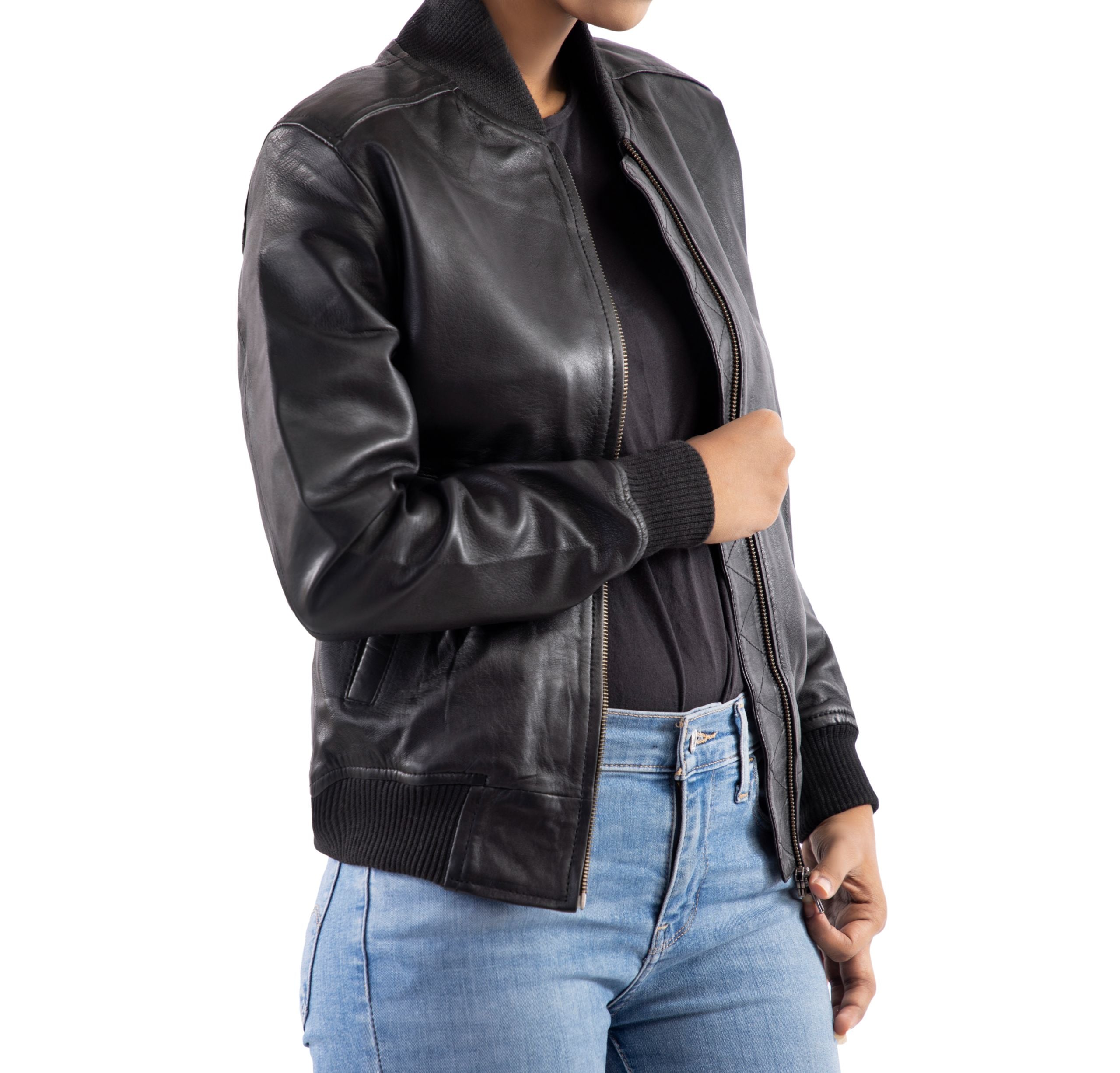 Womens Genuine Leather Classic Baseball Black Bomber Style Jacket