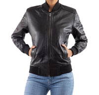 Womens Genuine Leather Classic Baseball Black Bomber Style Jacket