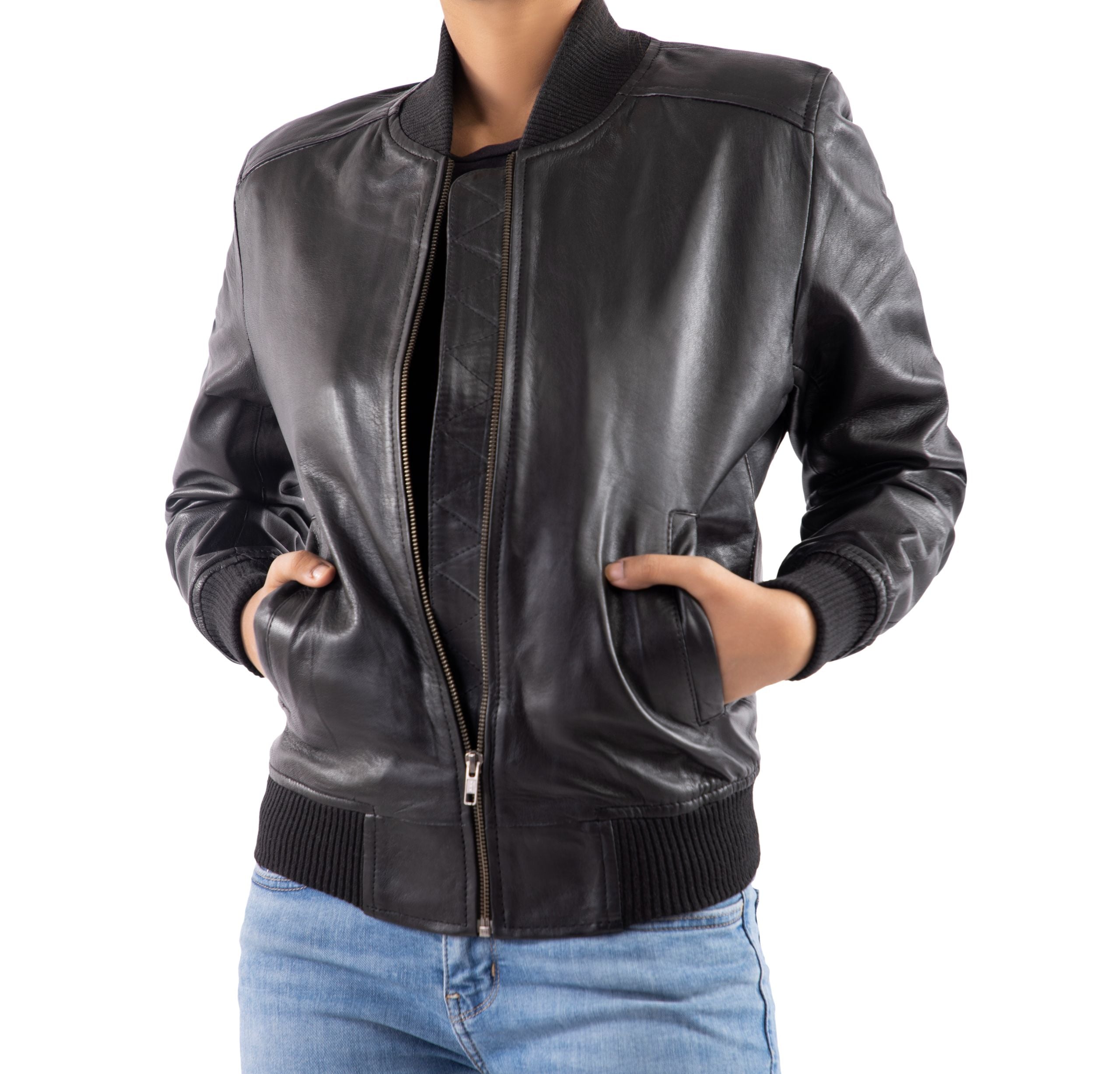 Womens Genuine Leather Classic Baseball Black Bomber Style Jacket