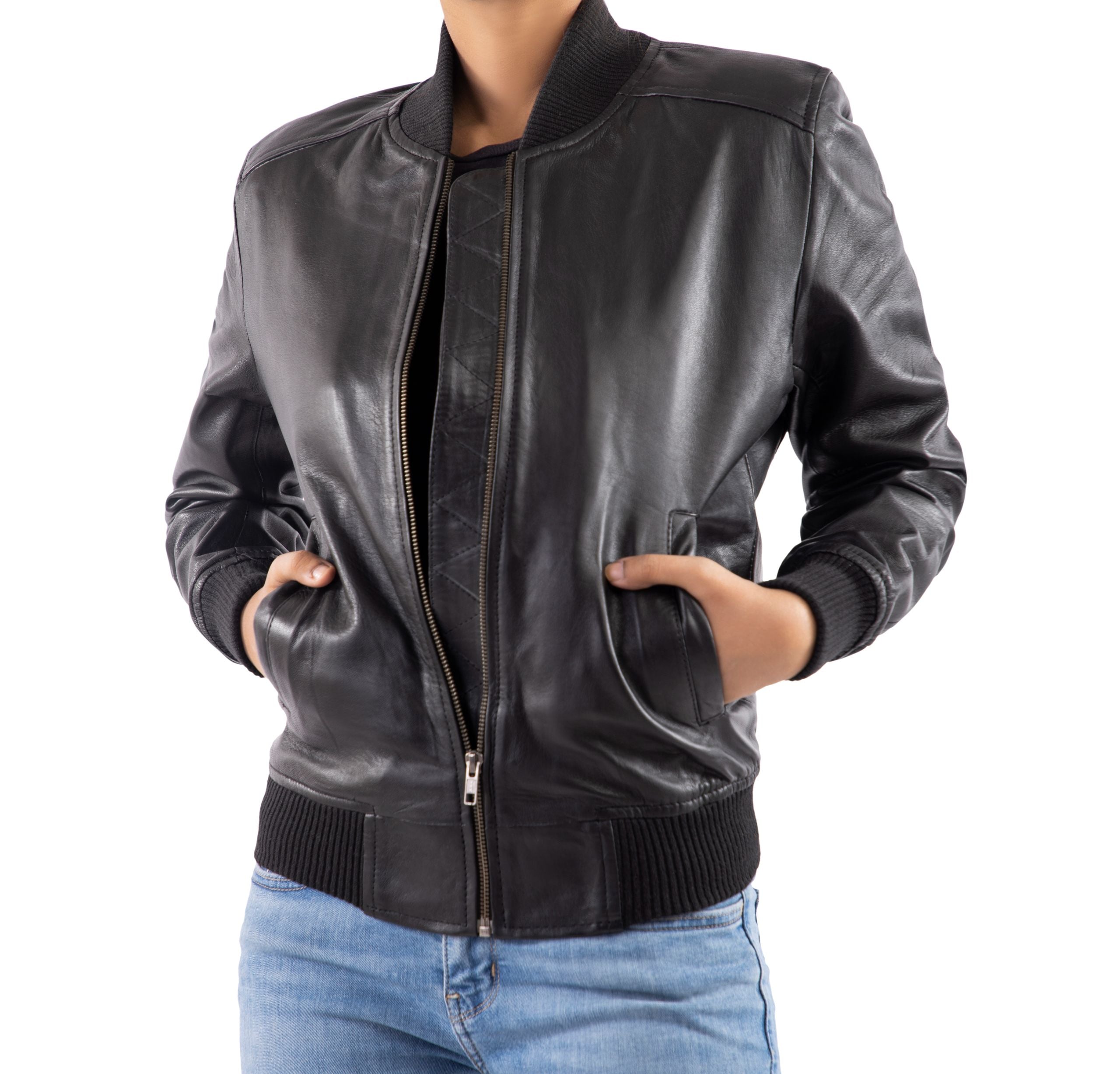 Women's Genuine Leather Classic Baseball Black Bomber Style Jacket