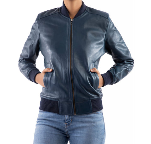 Womens Genuine Leather Classic Baseball Blue Bomber Style Jacket