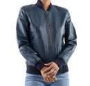 Womens Genuine Leather Classic Baseball Blue Bomber Style Jacket