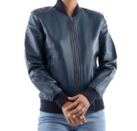 Womens Genuine Leather Classic Baseball Blue Bomber Style Jacket