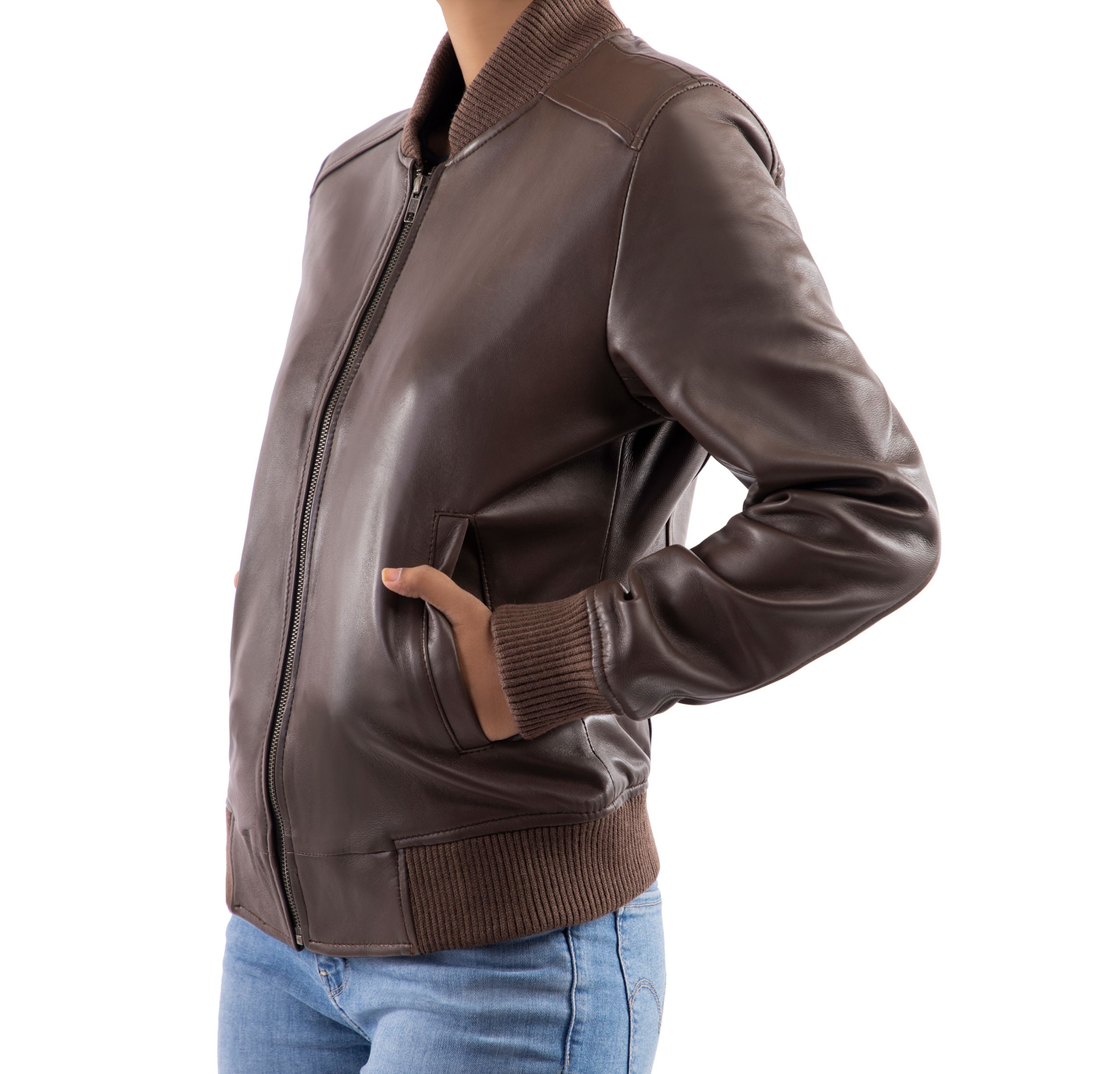 Womens Genuine Leather Classic Baseball Brown Bomber Style Jacket