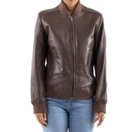 Womens Genuine Leather Classic Baseball Brown Bomber Style Jacket