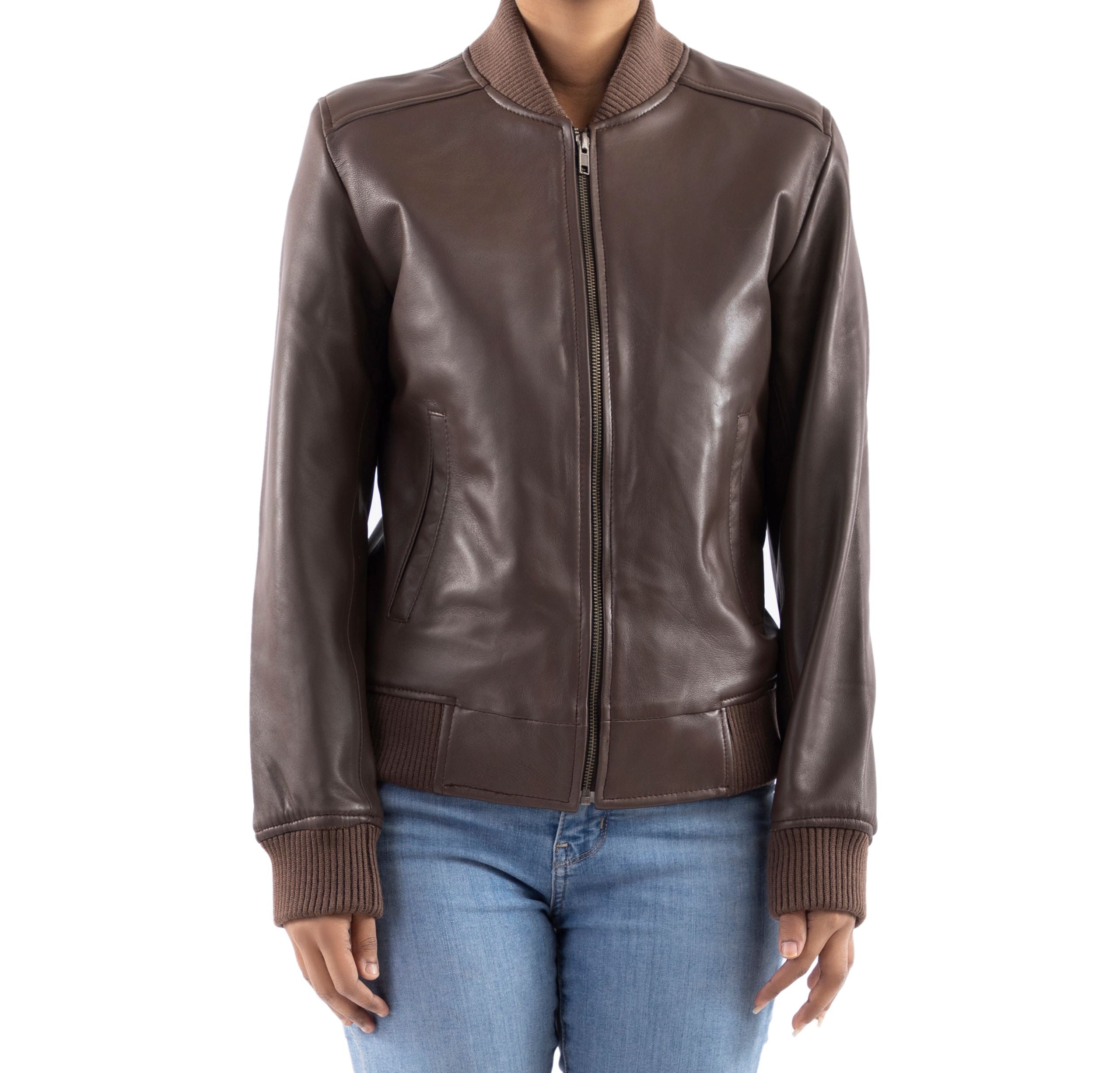 Womens Genuine Leather Classic Baseball Brown Bomber Style Jacket