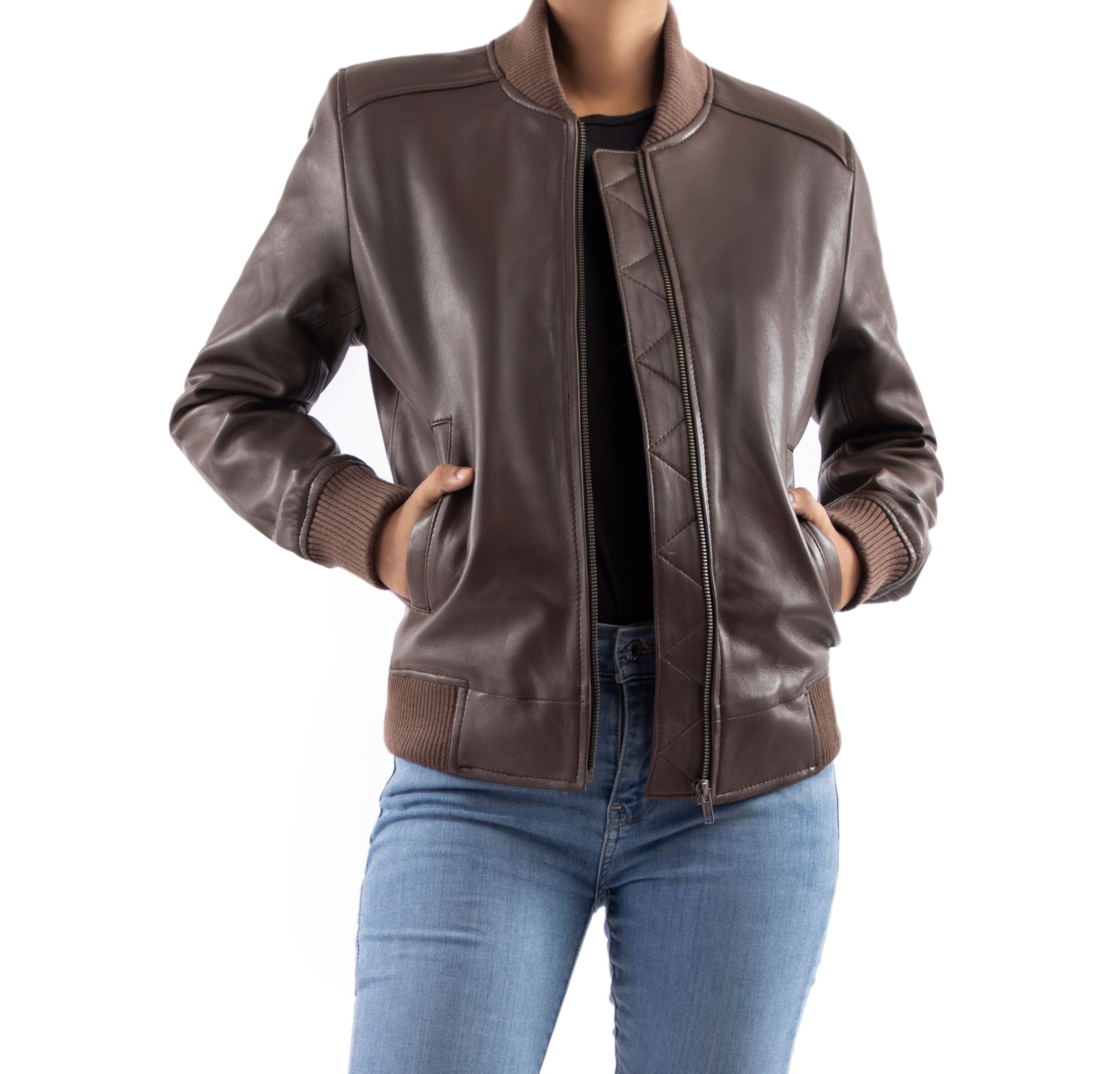 Womens Genuine Leather Classic Baseball Brown Bomber Style Jacket