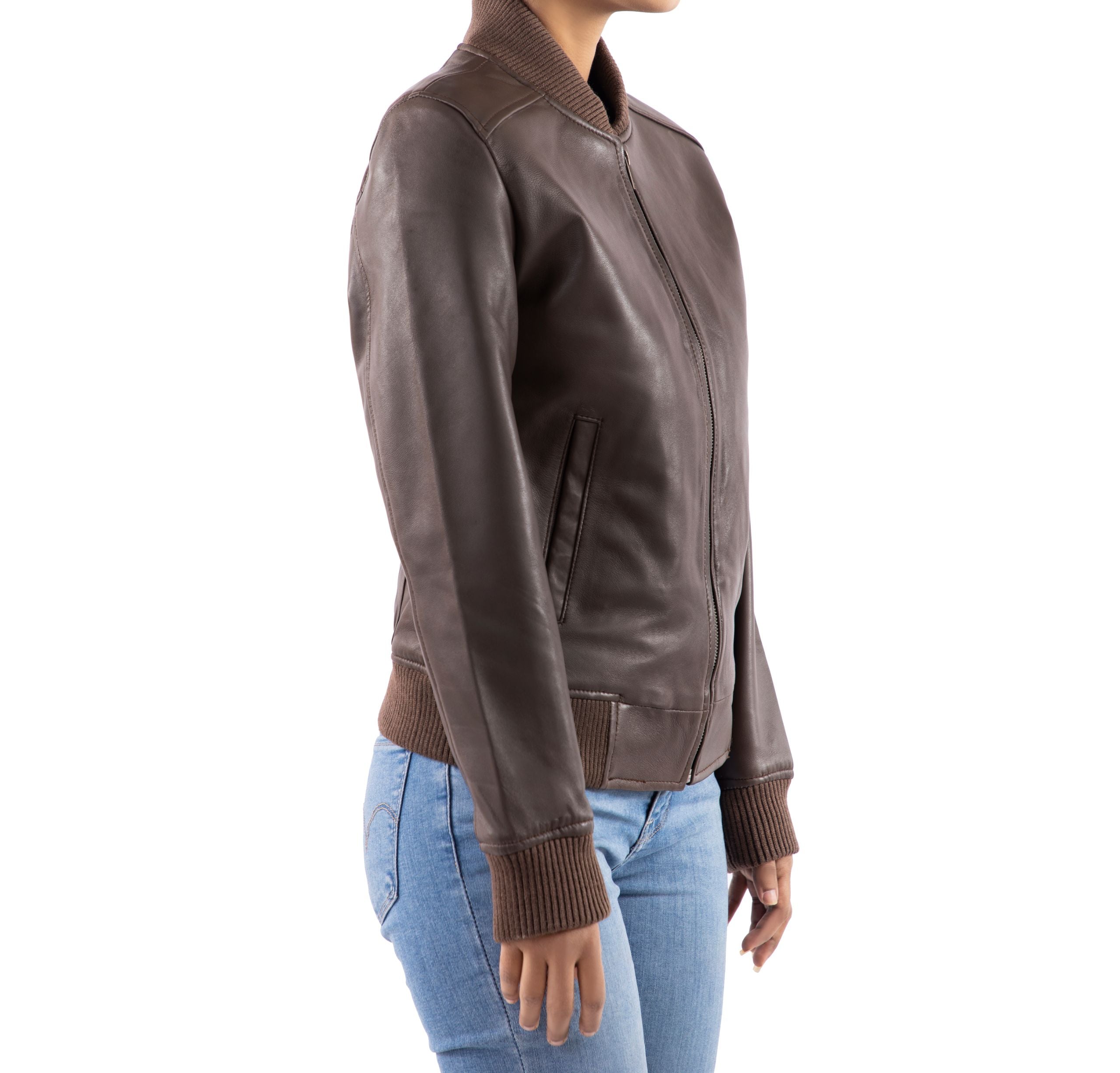 Womens Genuine Leather Classic Baseball Brown Bomber Style Jacket