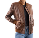Womens Classic Baseball Cognac Leather Bomber Style Jacket