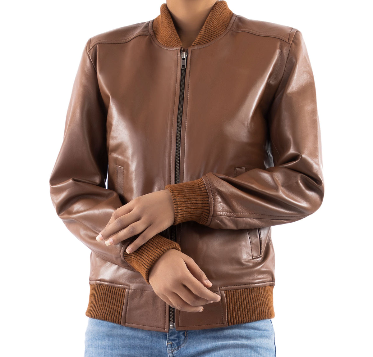 Womens Classic Baseball Cognac Leather Bomber Style Jacket