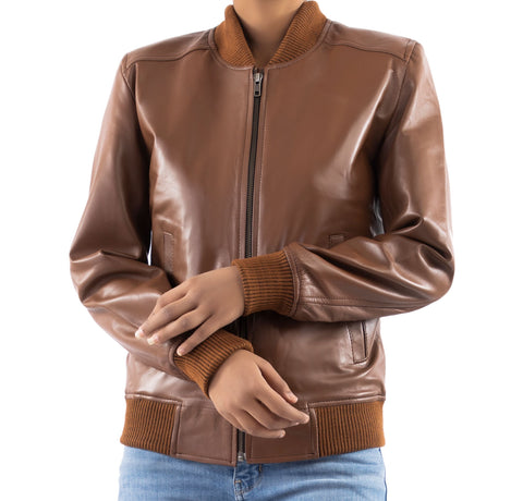 Womens Classic Baseball Cognac Leather Bomber Style Jacket