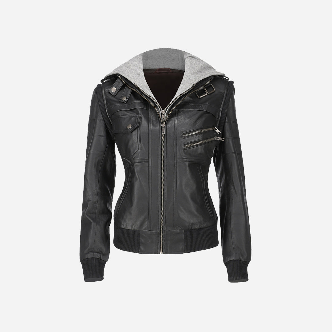Women's Hooded Black Leather Jacket