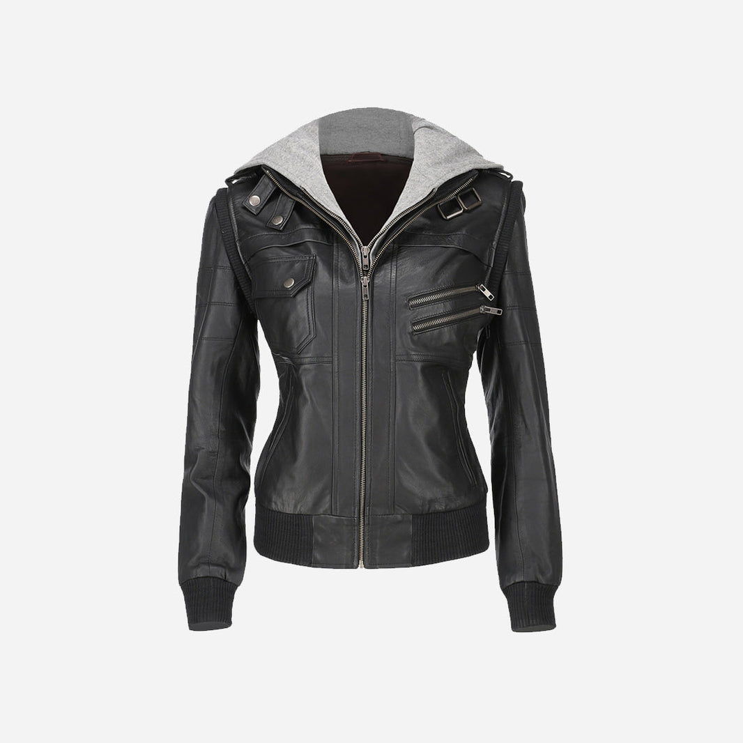 Hooded leather jacket womens hotsell