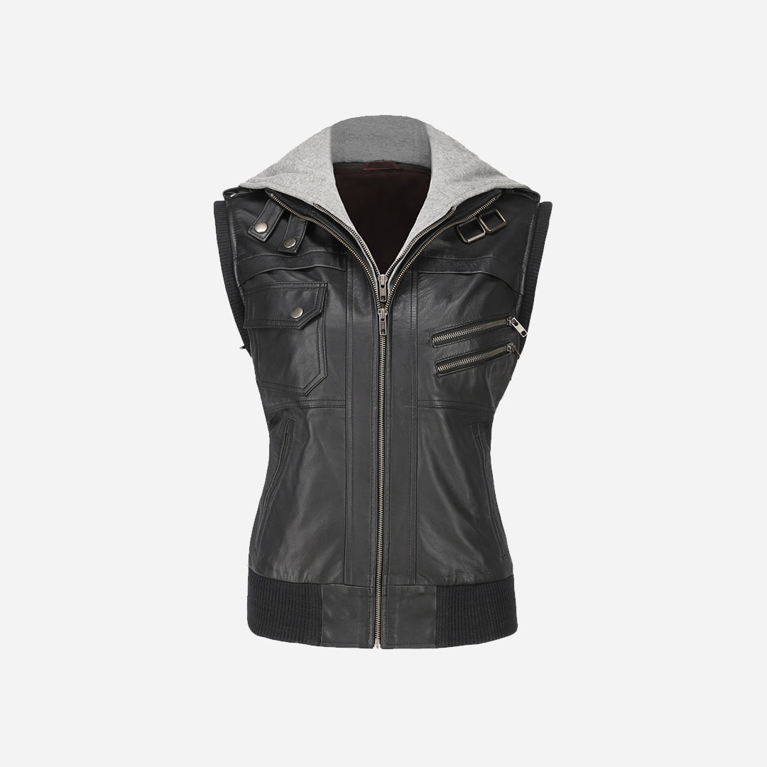 Womens Hooded Black Leather Jacket