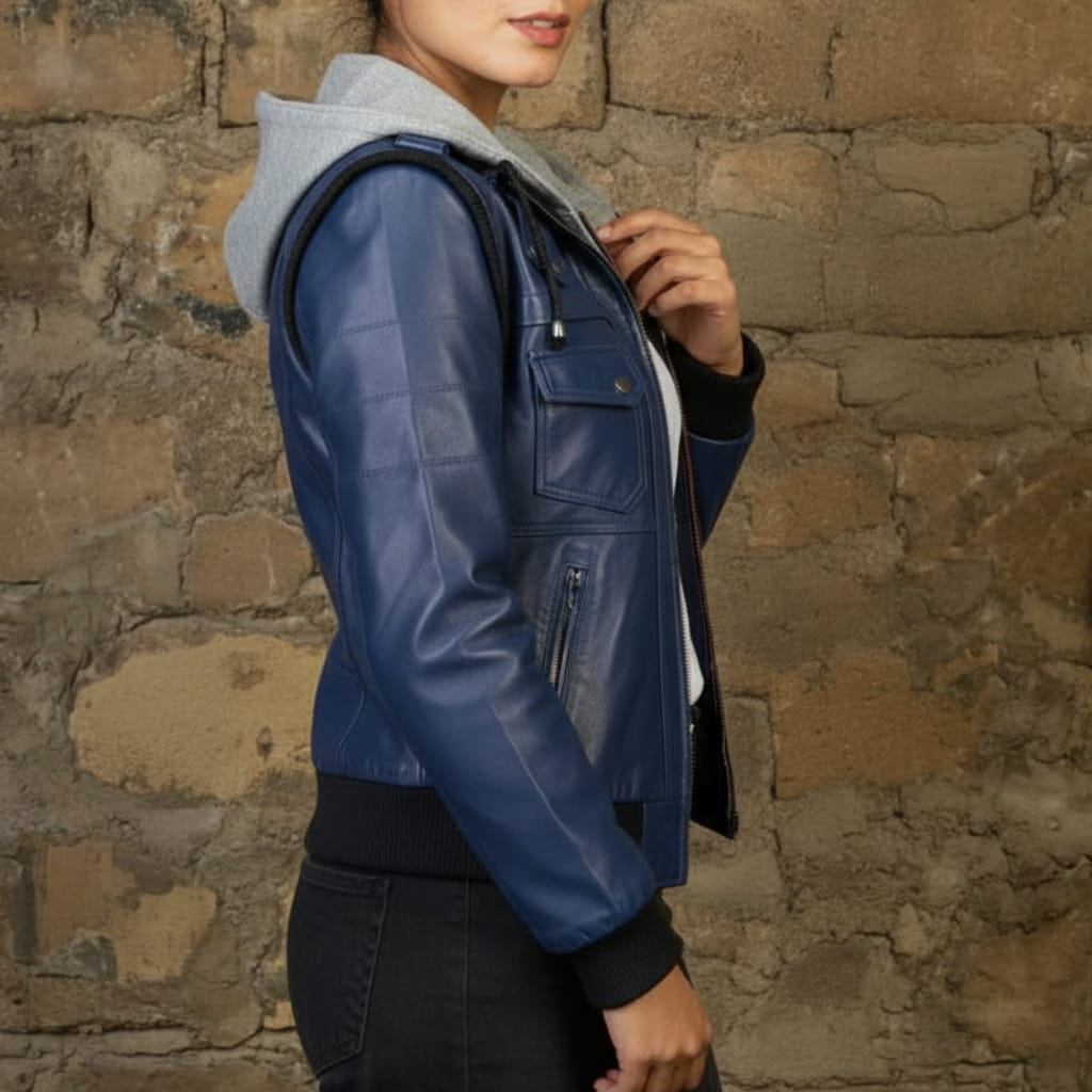 Women's Hooded Blue Leather Jacket