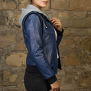 Women's Hooded Blue Leather Jacket