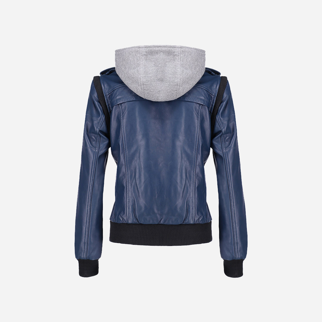 Women's Hooded Blue Leather Jacket
