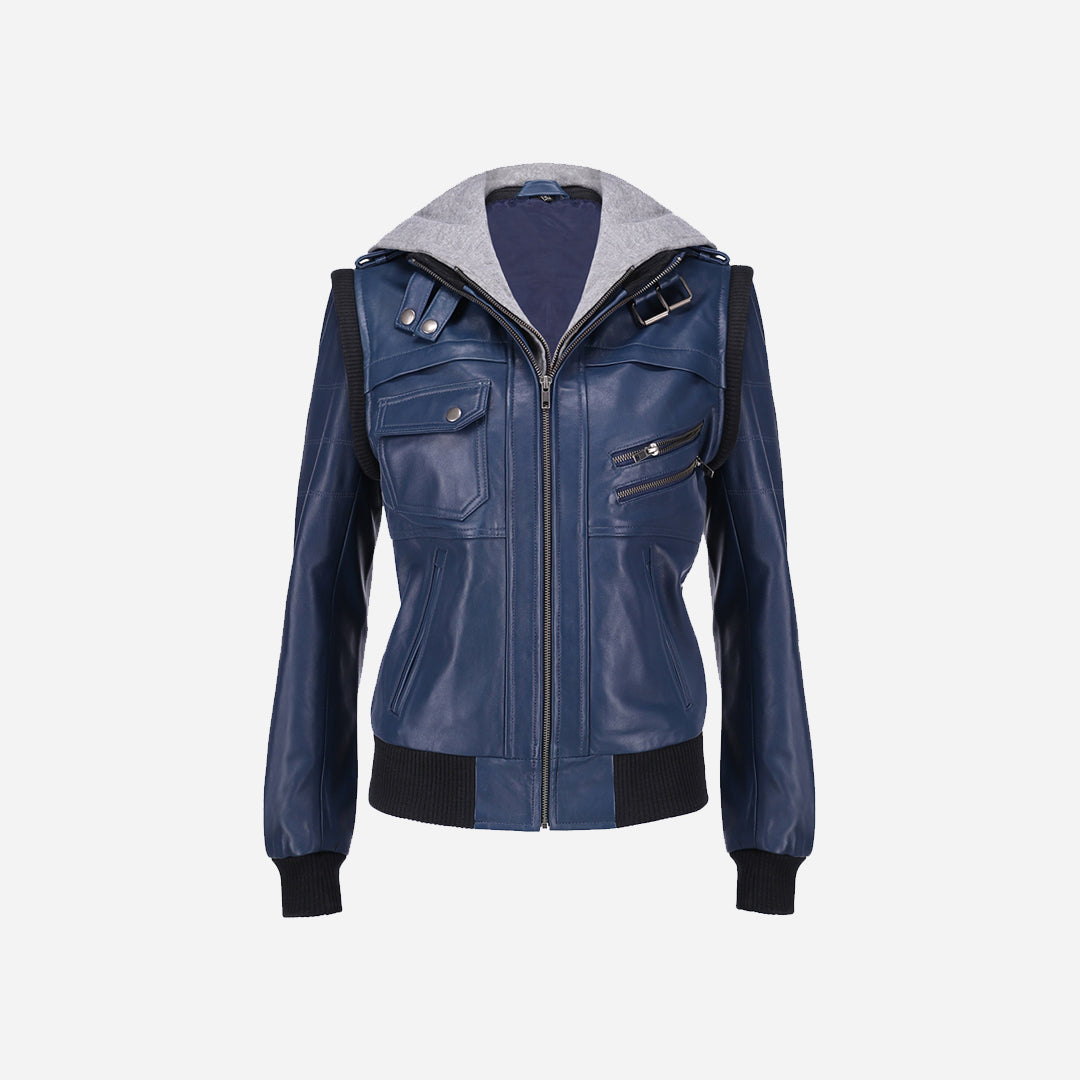 Womens Hooded Blue Leather Jacket