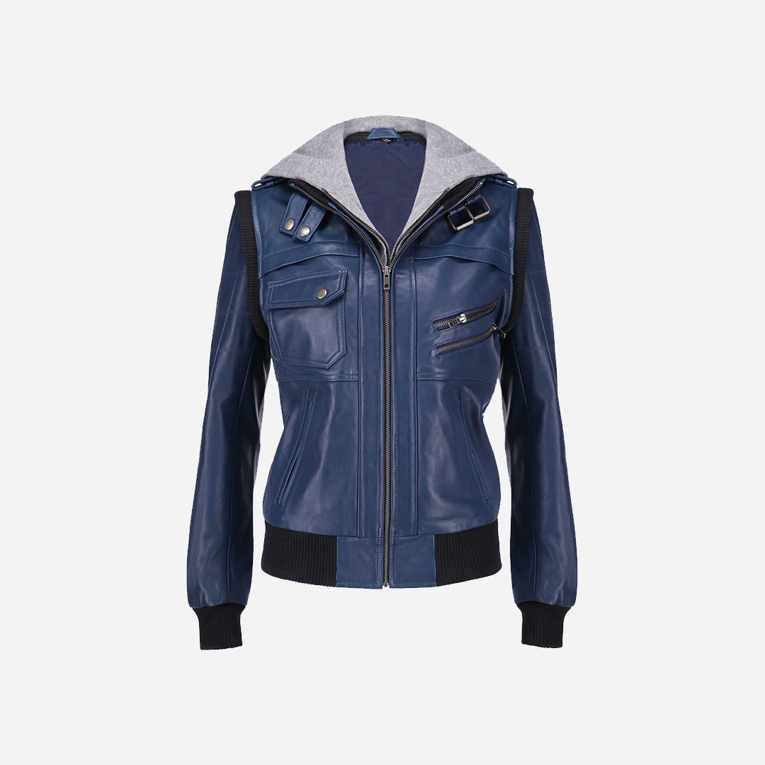 Women's Hooded Blue Leather Jacket