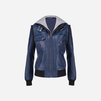 Womens Hooded Blue Leather Jacket
