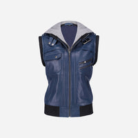 Womens Hooded Blue Leather Jacket