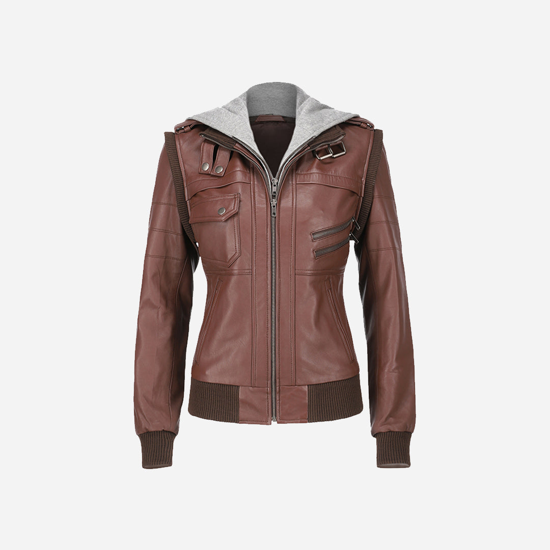 Womens Hooded Brown Leather Jacket