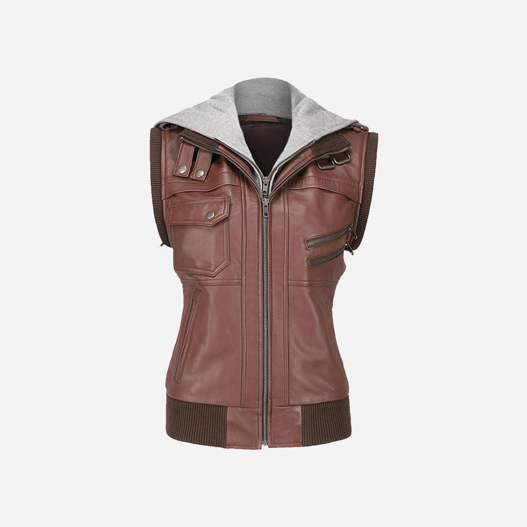 Womens Hooded Brown Leather Jacket