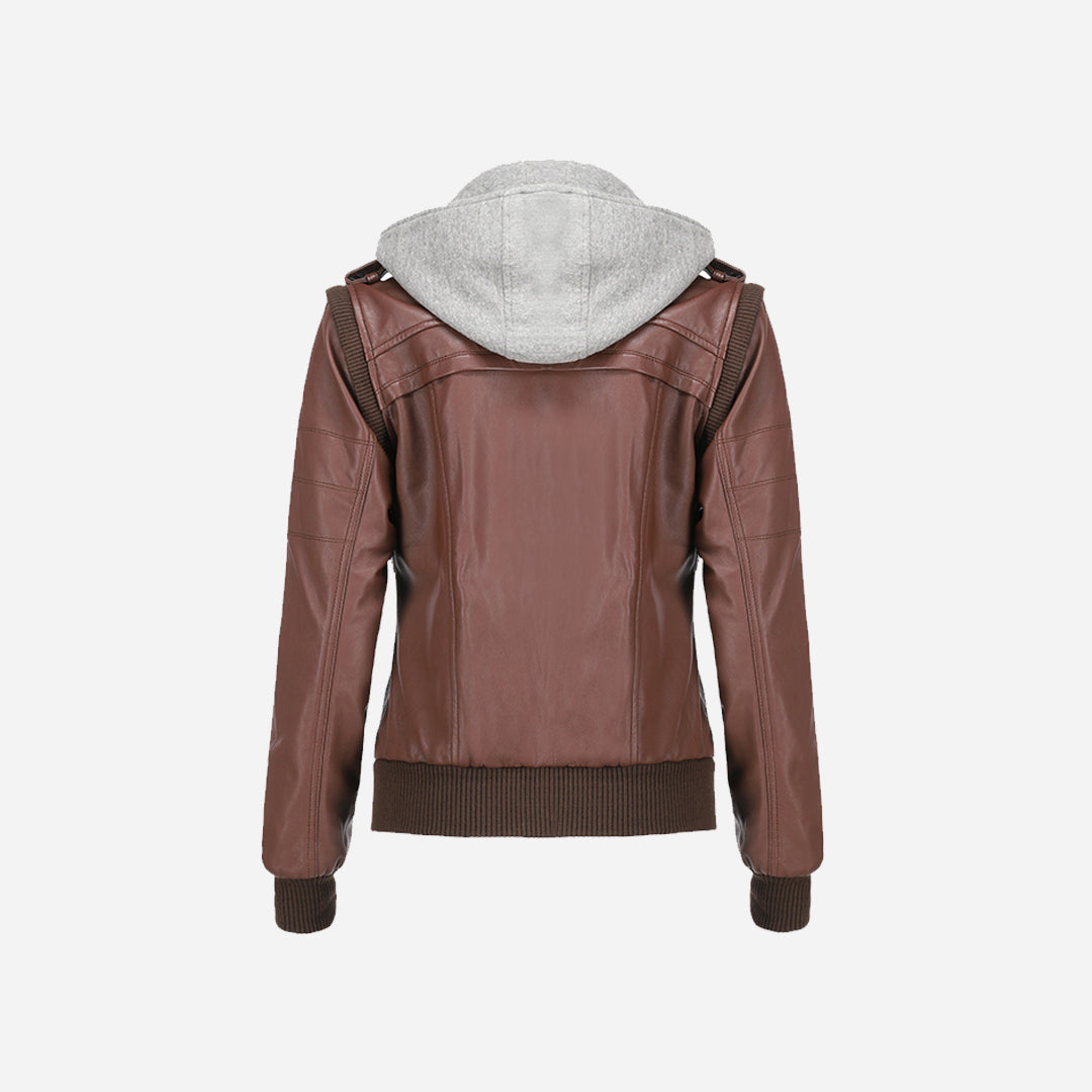 Women's Hooded Brown Leather Jacket