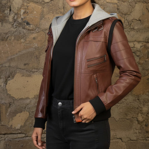 Women's Hooded Brown Leather Jacket