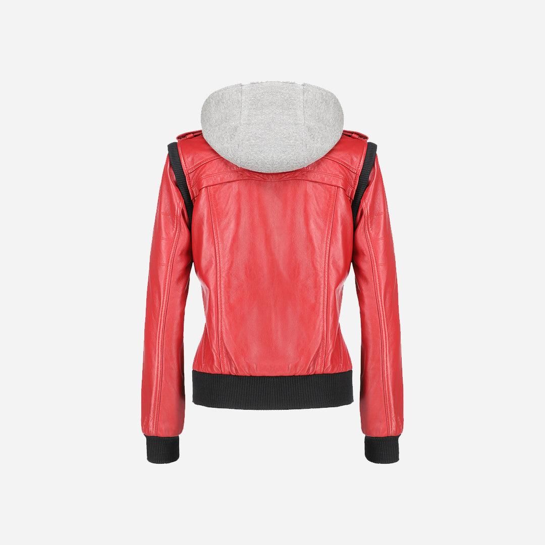 Women's Hooded Red Leather Jacket