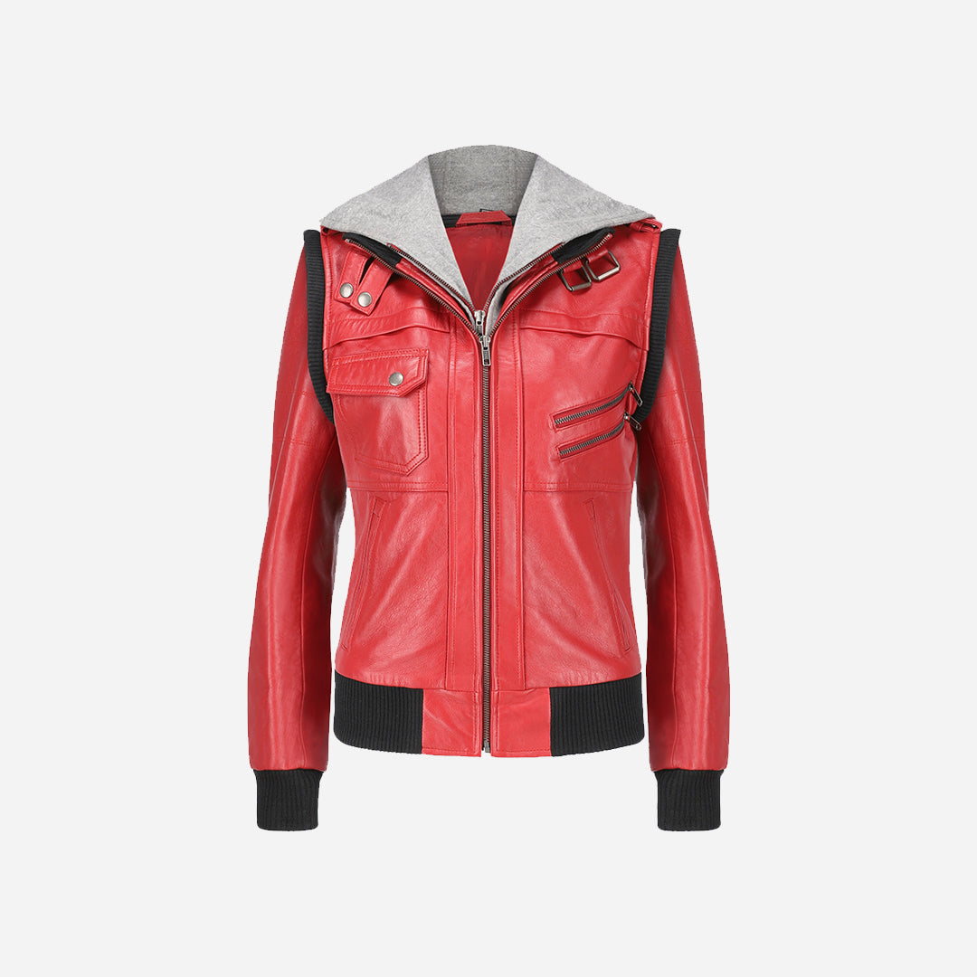 Women's Hooded Red Leather Jacket