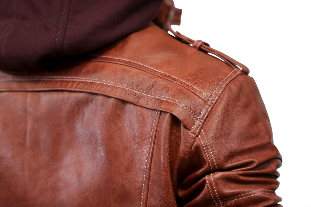 Mens Hooded Bomber Tan Vax Leather Jacket