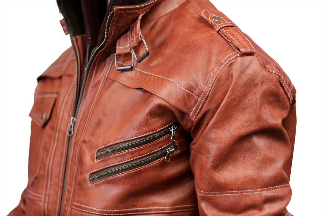 Mens Hooded Bomber Tan Vax Leather Jacket