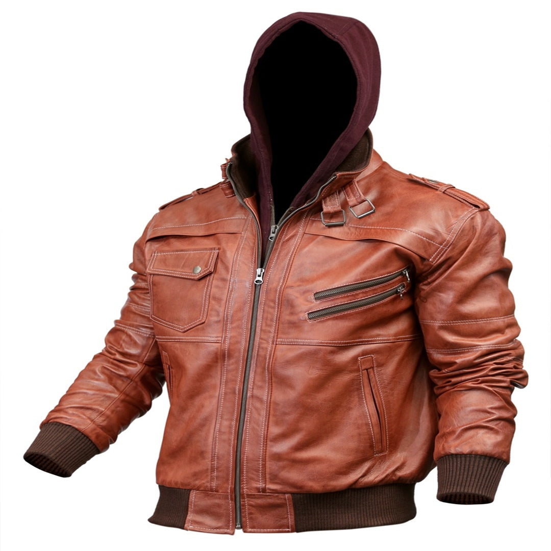 Mens Hooded Bomber Tan Vax Leather Jacket