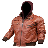 Mens Hooded Bomber Tan Vax Leather Jacket