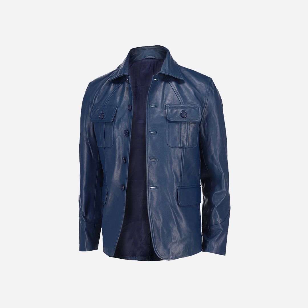 Mens Coat Style Blue Leather Jacket