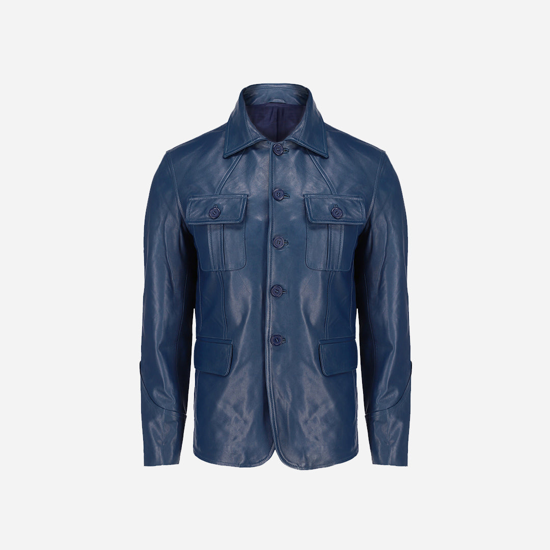 Men's Coat Style Blue Leather Jacket