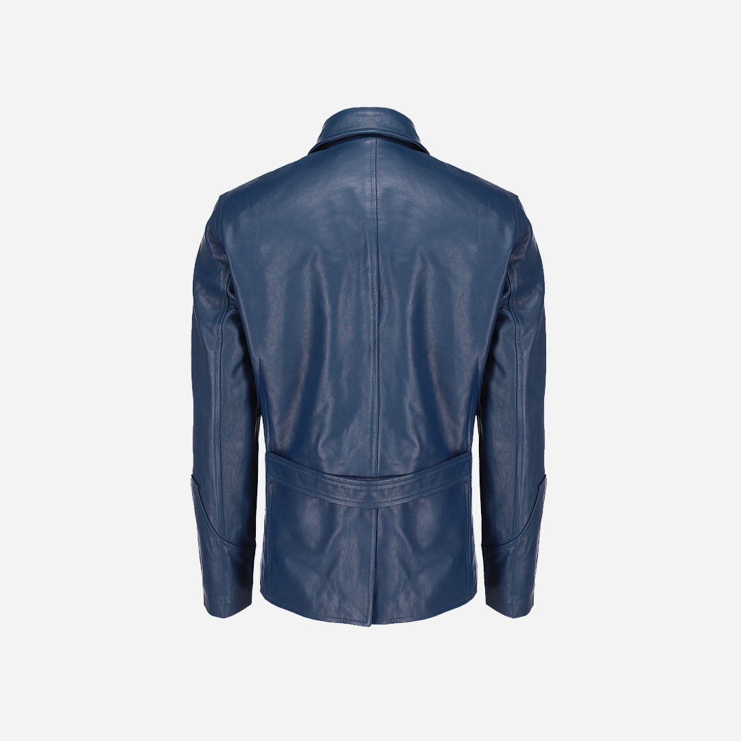 Mens Coat Style Blue Leather Jacket