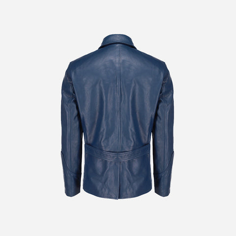 Mens Coat Style Blue Leather Jacket