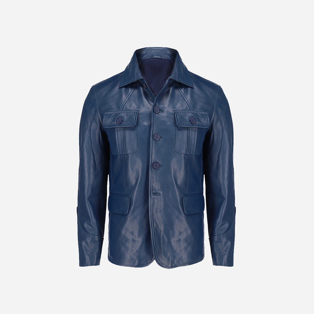 Mens Coat Style Blue Leather Jacket